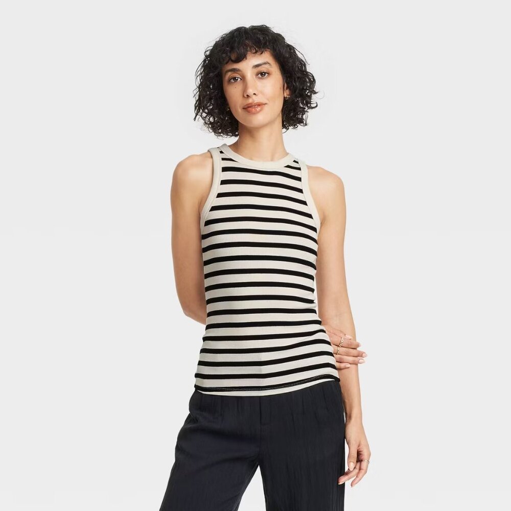 Cream & Black Striped Ribbed Tank |‎ Slim Fit Everyday Top